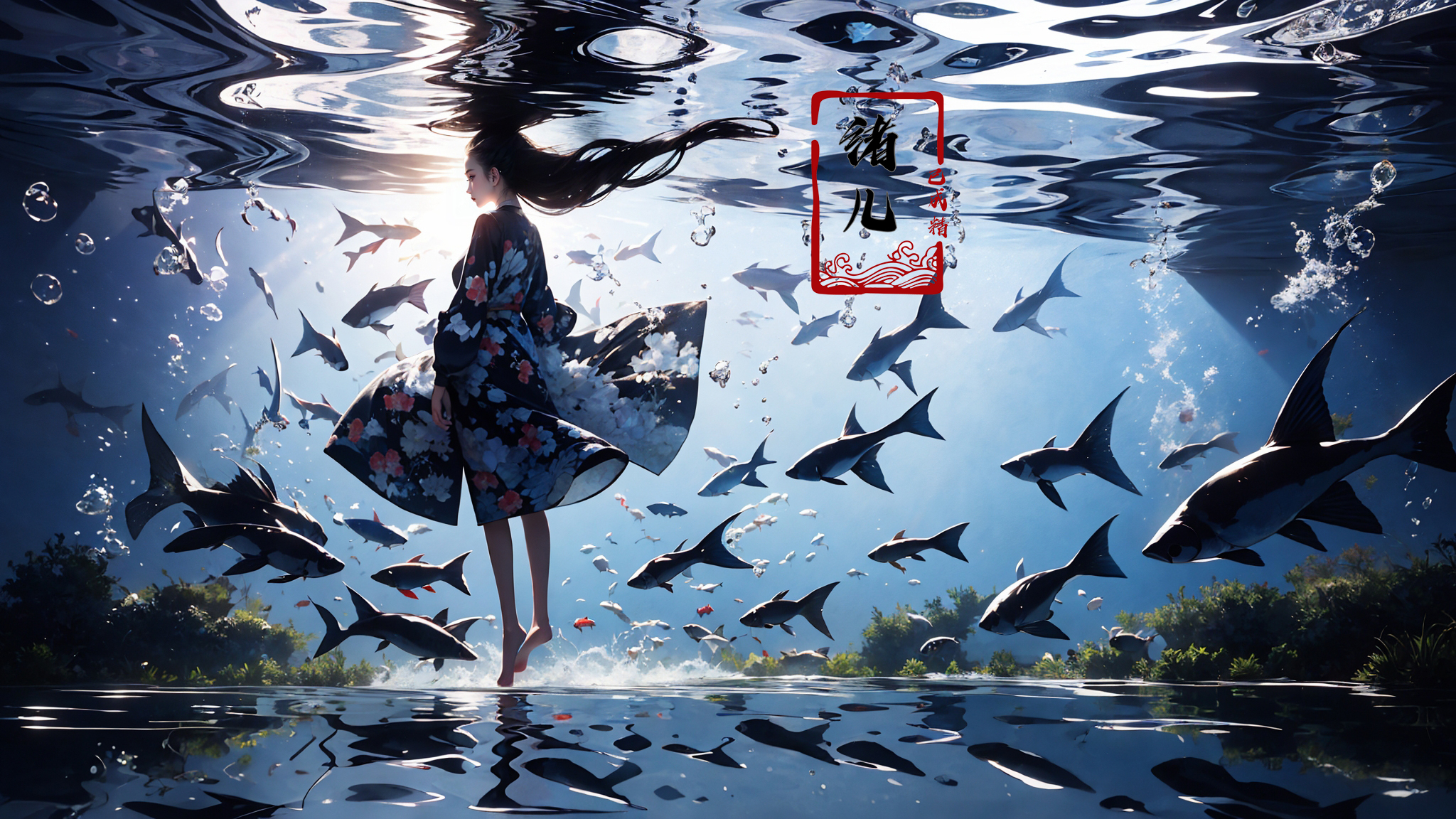 606247209521969661-3123369466-long hair, fish, black hair, 1girl, solo, water, standing, reflection, long sleeves, koi, walking, barefoot, underwater，__lora_绪.jpg